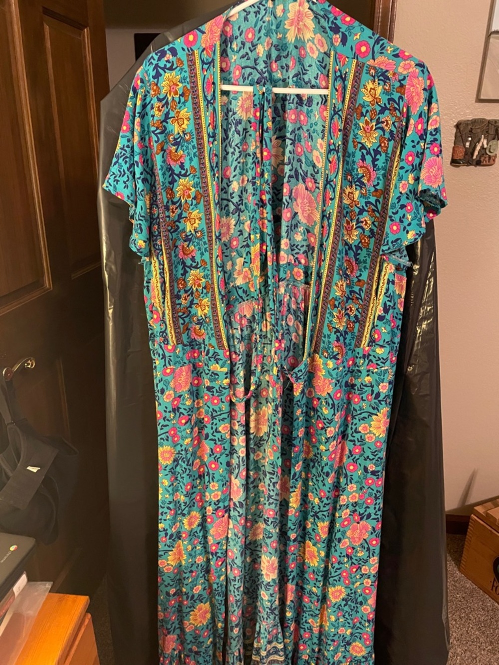 Teal Floral Maxi Dress with Waist Tie